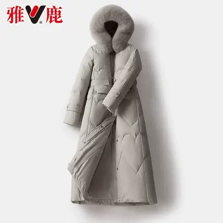 雅鹿狐狸大毛领羽绒服女系带中长款2022冬季新款保暖加厚连帽外套商品大图