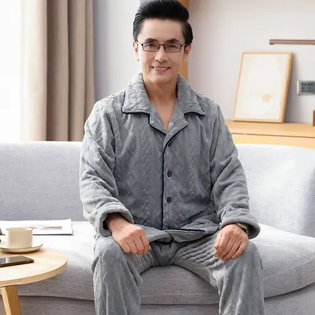 珊瑚绒男士睡衣秋冬季大码长袖中老年爸爸家居服套装新款法兰绒图片