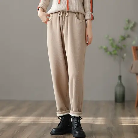 dza 高腰显瘦外穿加绒裤子女士2022新款冬季宽松阔腿裤加厚休闲裤商品大图