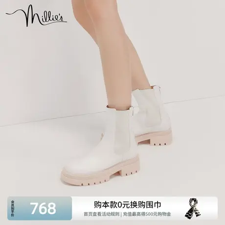 millie's妙丽冬新款牛皮时尚厚底拼色酷飒女烟筒短靴SGS32DZ2商品大图