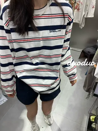 2023韩国新款圆领字母刺绣条纹慵懒风bf宽松长袖T恤女打底衫上衣商品大图