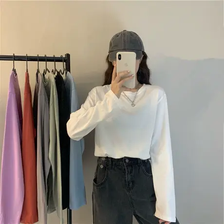 2023年春秋新款纯色女装内搭打底衫韩风chic上衣ins白色长袖t恤潮图片
