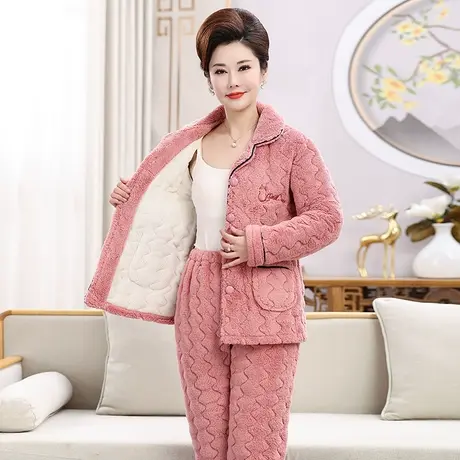 睡衣女冬季中老年妈妈三层夹棉加厚加绒珊瑚绒保暖大码家居服套装商品大图