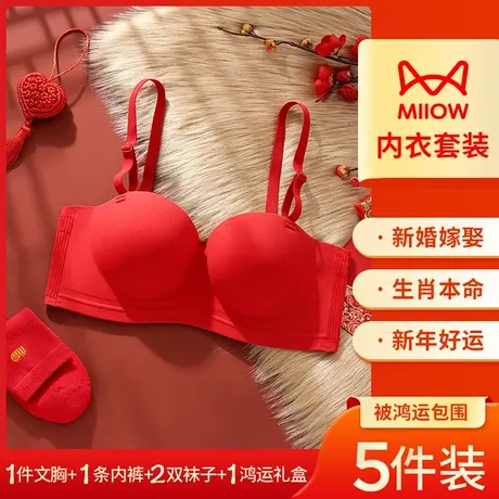 猫人本命年红色内衣套装女秋冬2024龙年结婚新娘小胸聚拢文胸内裤图片