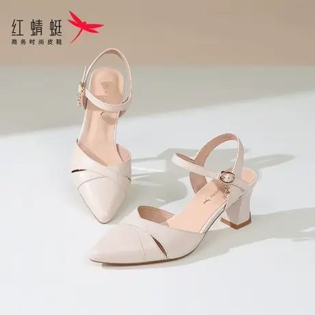 红蜻蜓包头女士高跟凉鞋2025夏季外穿真皮粗跟尖头通勤绝美配裙子商品大图