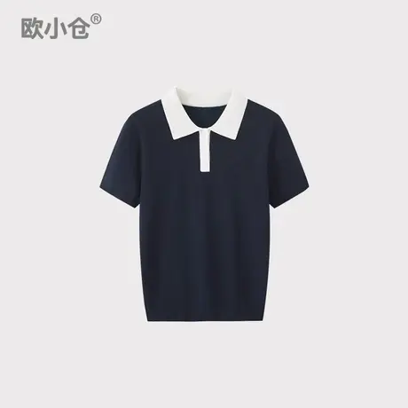 欧小仓 撞色翻领藏青色polo衫 Miu风亚麻短袖针织衫女夏图片