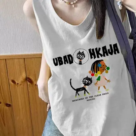 纯棉辣妹吊带坎肩背心无袖t恤女夏外穿高级感慵懒风宽松挂脖上衣图片