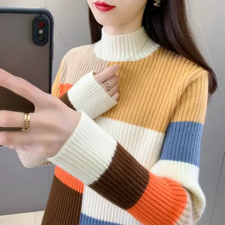 秋冬半高领女士毛衣女宽松外穿2023年新款撞色针织打底衫洋气百搭商品大图