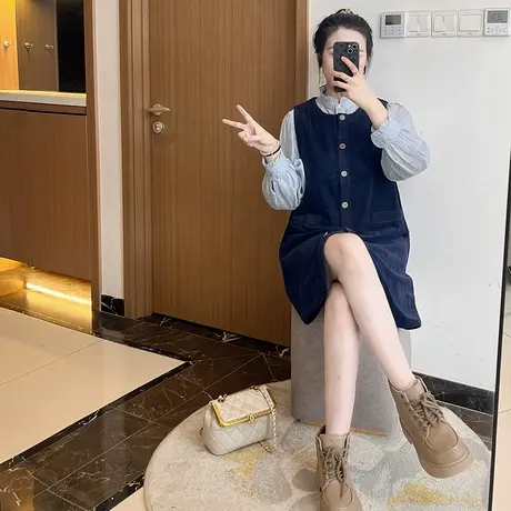 2024两件套拼接长袖连衣裙大码胖mm衬衫马甲秋装套装巨显瘦遮肉女图片