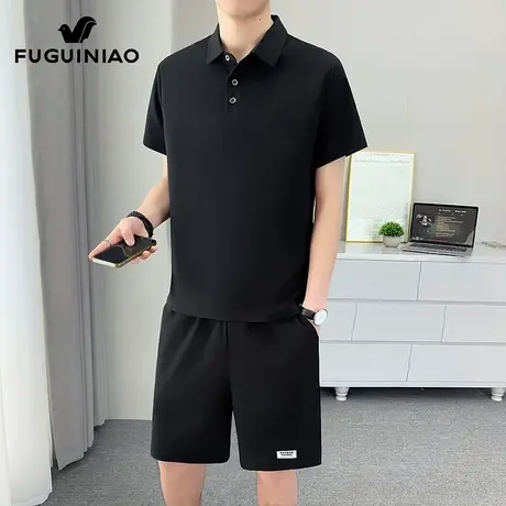富贵鸟休闲运动套装男士短袖Polo衫搭配夏季新薄款五分裤男两件套商品大图