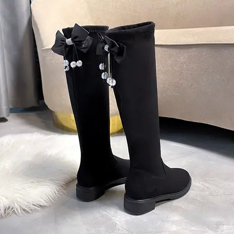 马丁靴女长筒靴2023新款秋冬季加绒女鞋高筒骑士靴蝴蝶结长靴子潮图片