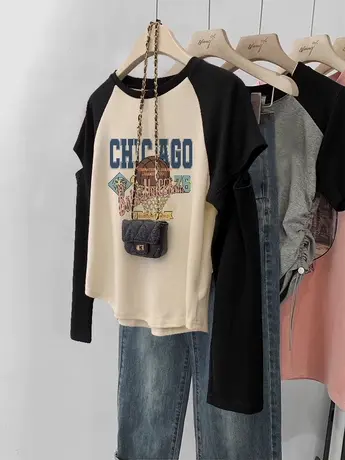 胖mm大码遮肚秋季女装上衣高级感断袖T恤ins潮拼接撞色长袖打底衫商品大图