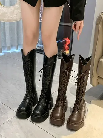 棕色长筒靴女不过膝小个子高跟系带骑士靴厚底显瘦胖MM大筒围长靴商品大图