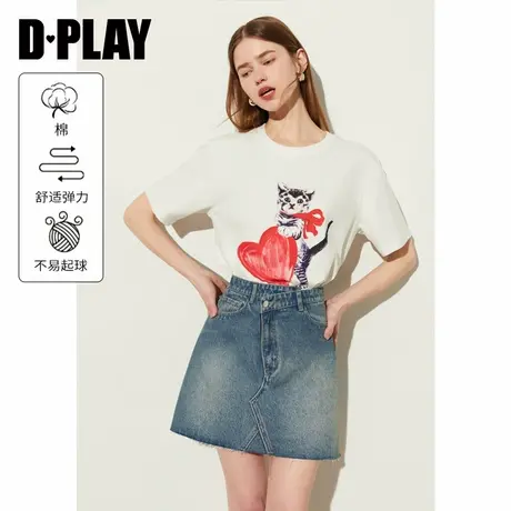 DPLAY2024年夏季气质休闲风白色圆领宽松短袖印花纯棉t恤上衣女商品大图