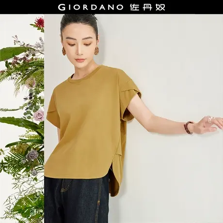 佐丹奴短袖T恤女极简风设计感收褶前短后长宽松圆领t恤衫18324205商品大图
