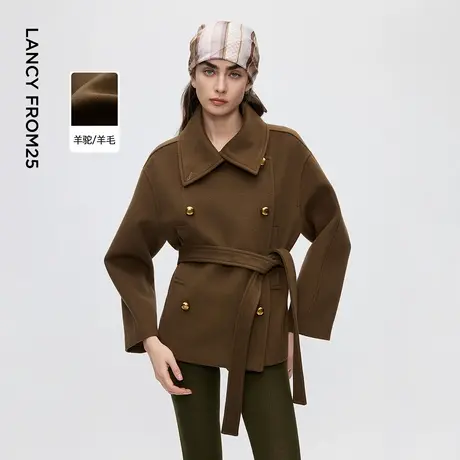 朗姿复古双排扣羊毛短款毛呢外套女士翻领设计感2025年冬季新款图片