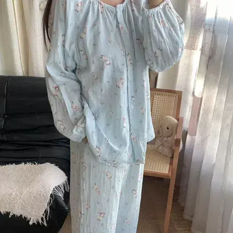 蓝色小鸭子！！A类全棉双层纱布圆领睡衣套装卡通甜美印花家居服商品大图