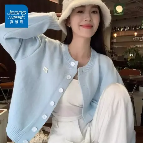 NG真维斯浅蓝色针织衫女士2025春季新款小个子软糯慵懒风长袖开衫图片