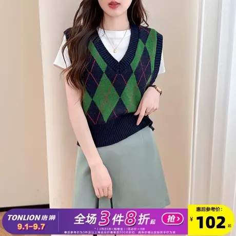 唐狮2025秋冬毛衣女复古风菱格V领马甲外穿高级感百搭学院风上衣商品大图