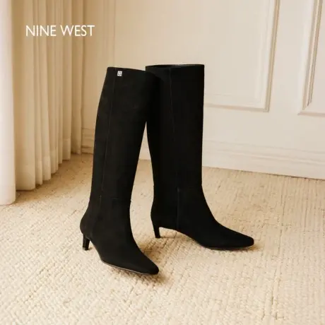 Nine West/玖熙尖头高跟长靴女冬长筒靴加绒骑士靴黑色高筒时装靴图片