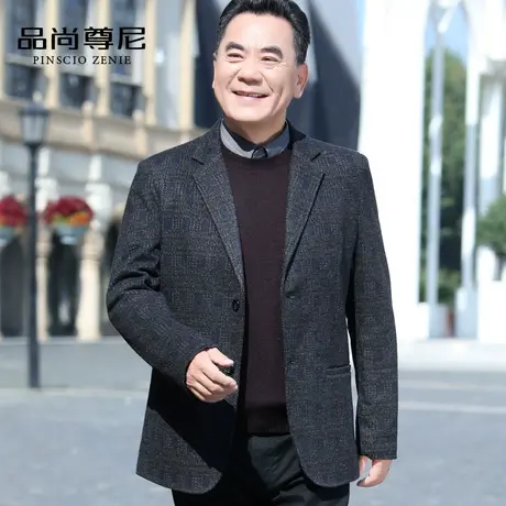 男士毛呢西装外套春秋款商务休闲格子西服上衣服单西中老年爸爸装商品大图
