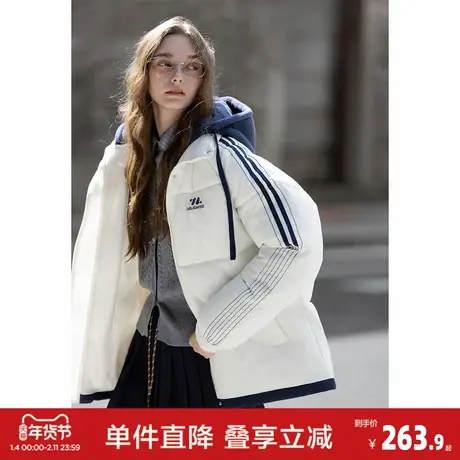 唐狮2026秋冬季棉衣女连帽假两件运动风撞色拼接短款简约百搭时尚商品大图