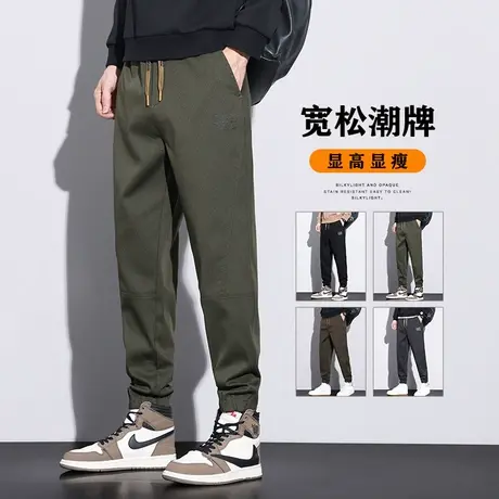 男装秋季美式高街束脚军绿色工装春秋款男生潮流百搭九分休闲裤子图片