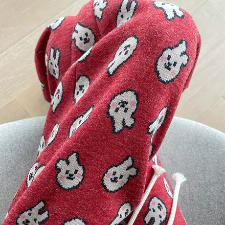 羊绒毛呢卡通休闲裤女秋冬款高腰宽松显瘦小个子松紧腰阔腿哈伦裤商品大图