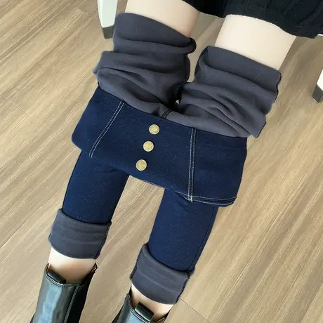蓝色打底铅笔裤女外穿秋冬季加绒加厚高腰修身显瘦休闲弹力小脚裤图片