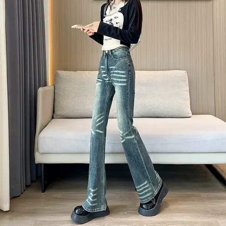 美式复古微喇牛仔裤女秋季拼接做旧高腰修身弹力提臀喇叭马蹄长裤商品大图