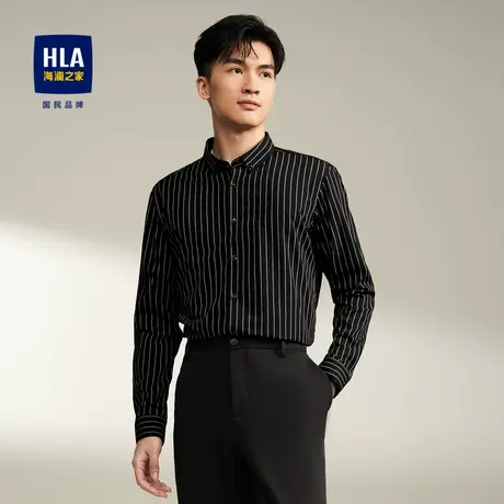 【易打理】HLA/海澜之家休闲条纹衬衫23秋新款制扣领长袖黑衬衣男商品大图
