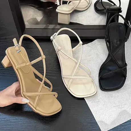 一字带沙滩罗马凉鞋女2023年新款夏季网红爆款法式中跟粗跟高跟鞋商品大图