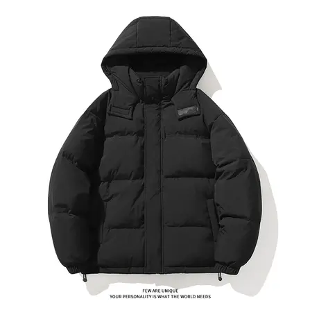 ZR真维斯羽绒服女2023年冬季新款黑色面包服连帽复古拉链宽松外套图片