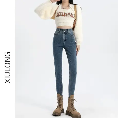 高腰小脚牛仔裤女秋冬2024年新款女士显瘦小个子九分紧身铅笔裤子商品大图