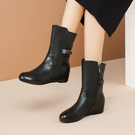 断码清仓捡漏真皮短靴女新款圆头女士靴平底内增高马丁靴休闲舒适图片