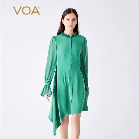VOA30姆米重磅桑蚕丝灰绿木耳边polo领喇叭袖单排扣真丝连衣裙图片