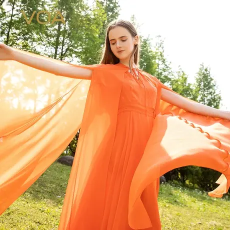 VOA乔其纱桑蚕丝橙红色系带长袖个性宽松轻盈灵动真丝连帽外套商品大图