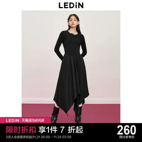 乐町针织打底小黑裙23秋季新款精致抽绳不规则设计显瘦显高连衣裙图片