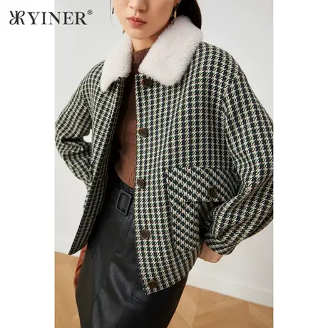 *YINER音儿奥莱女装冬季羊毛直筒格子毛呢外套商品大图