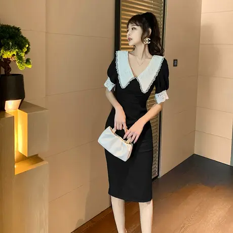 复古减龄娃娃领连衣裙新款宫廷风气质蕾丝V领修身包臀裙子中长款图片