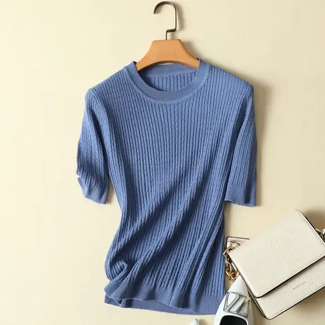 冰丝针织衫女短袖薄款女装2024新款潮夏季韩版ins潮百搭T恤女上衣商品大图