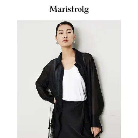 【重工刺绣】玛丝菲尔2023年夏季新款黑色翻领3D蝴蝶绣花轻薄衬衫商品大图