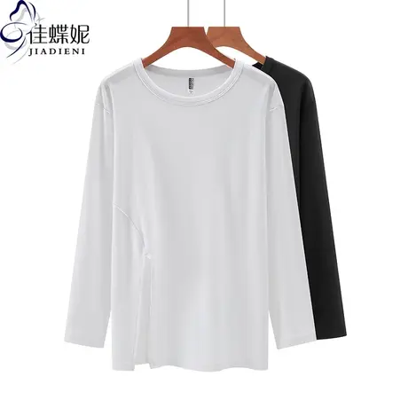 秋冬新韩版圆领宽松侧开叉中长款纯棉纯色长袖体恤上衣内搭女装商品大图