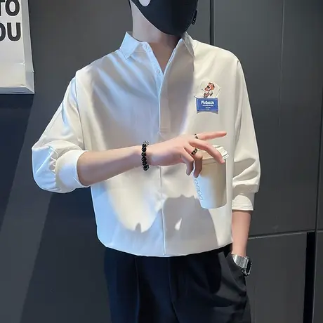 夏季短袖衬衫七分袖宽松中袖潮流休闲帅气ins痞帅发型师潮牌衬衣商品大图