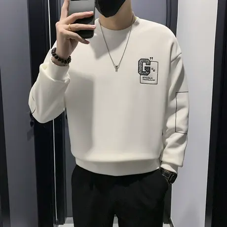 潮牌加绒卫衣t恤男ins简约休闲刺绣个性打底衫秋冬款加厚内搭上衣图片