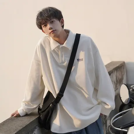 翻领卫衣男长袖POLO衫春秋季新款潮流宽松港风复古重磅上衣打底衫图片