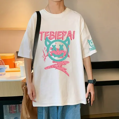 夏季短袖t恤男潮牌宽松圆领国潮ins纯棉半袖美式复古港风印花体恤图片