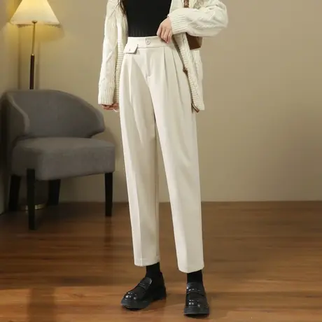 时尚气质休闲裤2023年冬季新款女高腰百搭松紧西装版呢子长裤商品大图