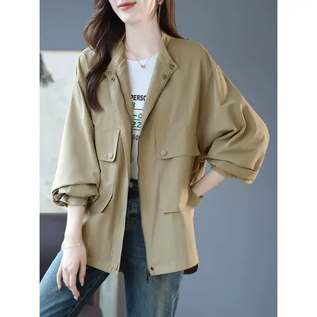 宝诗黎圆领薄款夹克外套早秋女装短款流行风衣气质英伦风2023新款商品大图