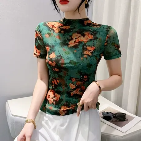 复古印花短袖雪纺衫女士夏2023新款时尚立领小衫气质修身网纱上衣图片